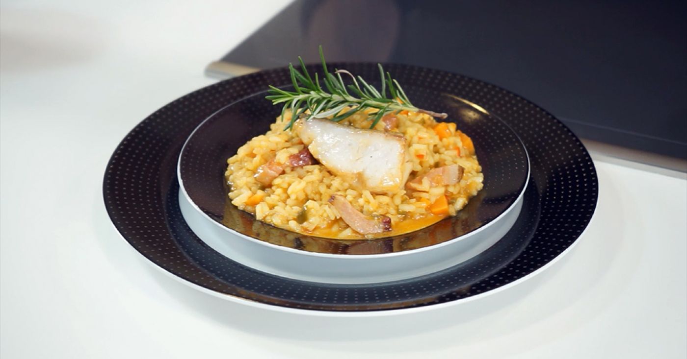 Arroz con bacalao, panceta y boniato