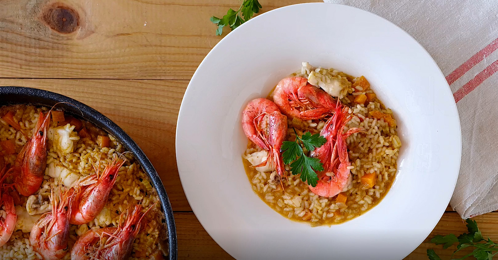 Brothy rice with monkfish and prawns