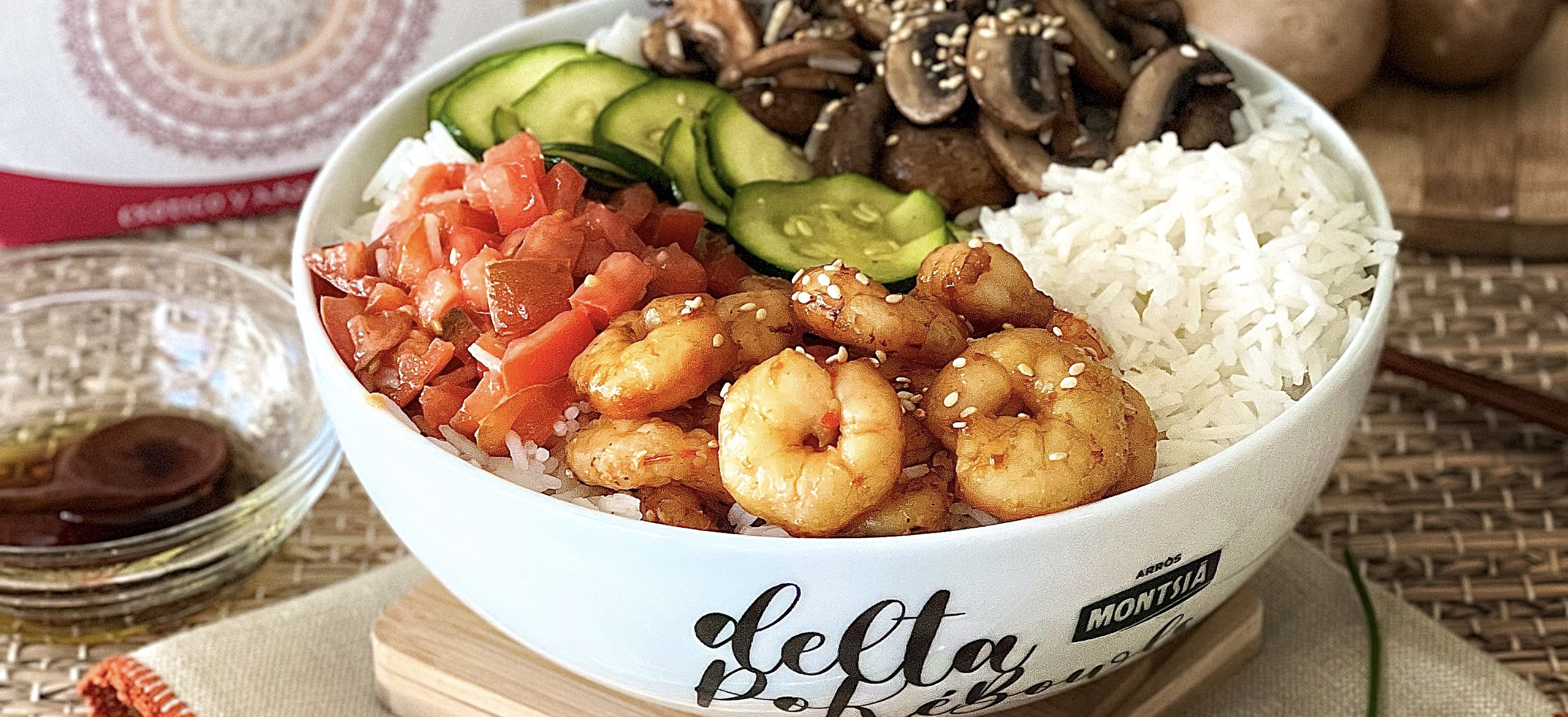 Delta Poke Bolw of basmati rice with marinated prawns